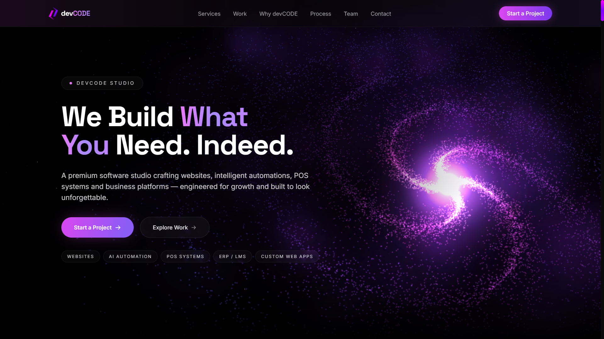 devCODE Designs - Frontend Developer project showcasing Next.js, Framer Motion, Three.js